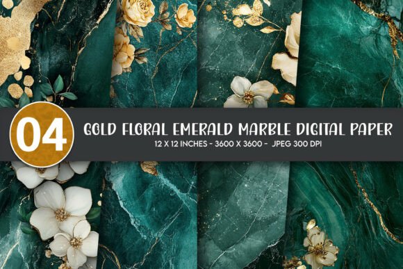 Download Gold Floral Emerald Marble Digital Paper - Emerald marble Collection